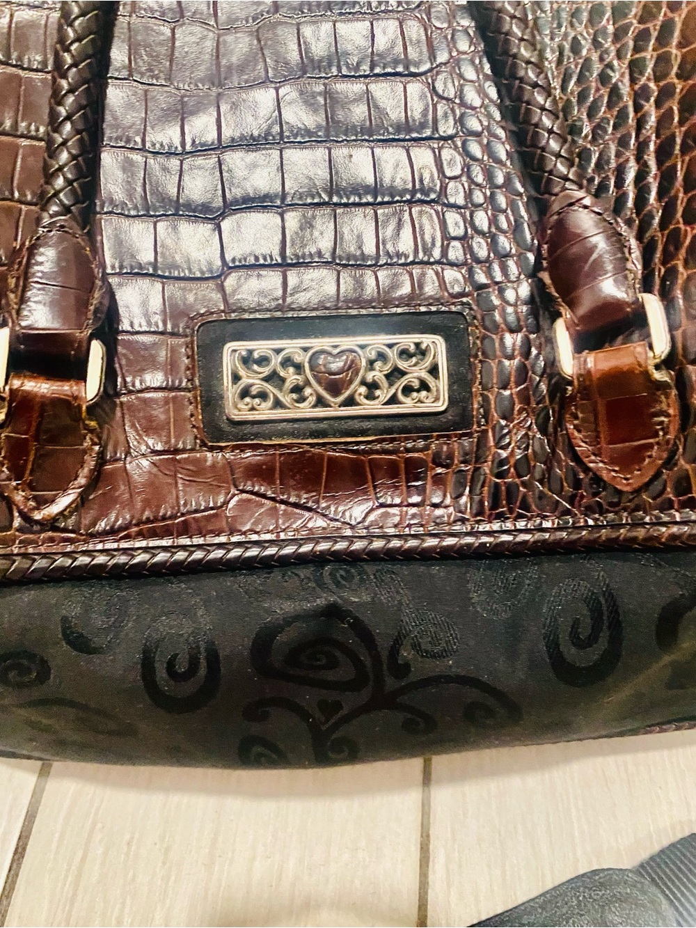 Vintage Brighton Lansky croc-embossed leather and fabric travel weekender bag - Picture 2 of 14